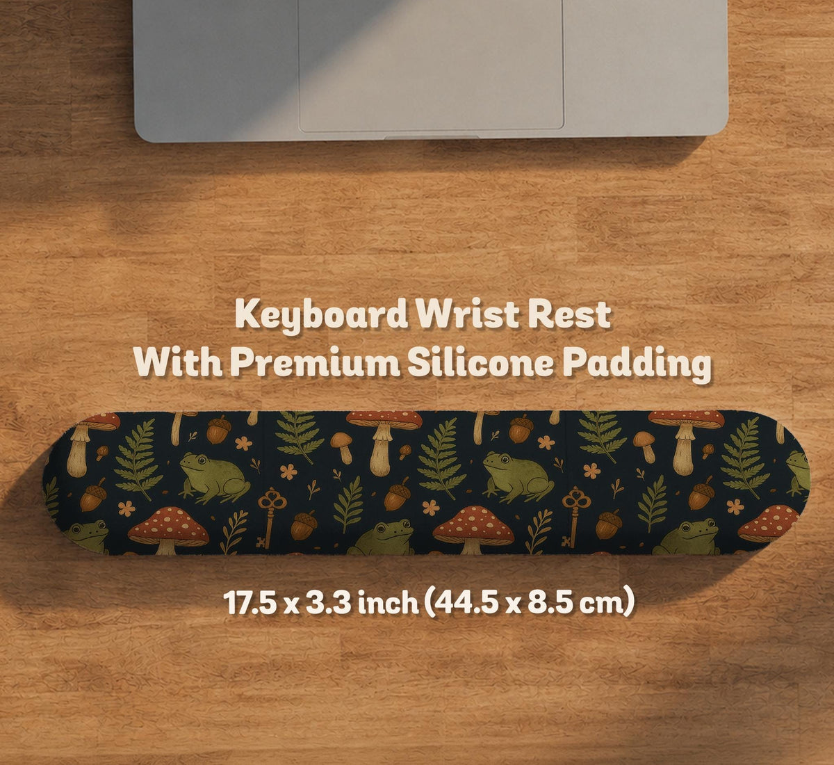 Dark botanical desk mat options with frogs, mushrooms, ferns, and acorns in brown and green tones, plus a matching keyboard wrist rest.