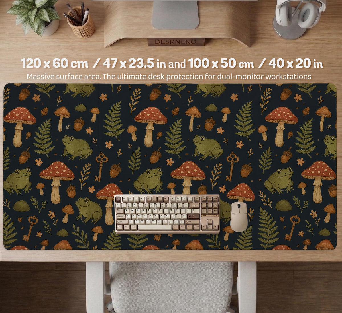 Dark forest-themed desk mat with an all-over pattern of frogs, mushrooms, fern leaves, acorns, tiny flowers, and antique keys.