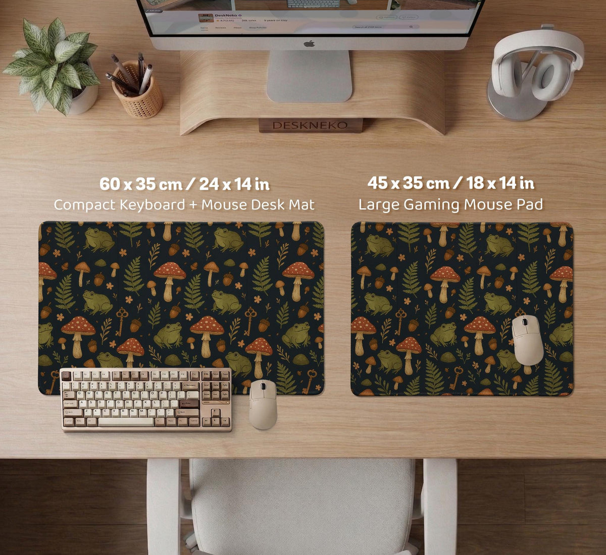 Dark forest-themed desk mat with an all-over pattern of frogs, mushrooms, fern leaves, acorns, tiny flowers, and antique keys.