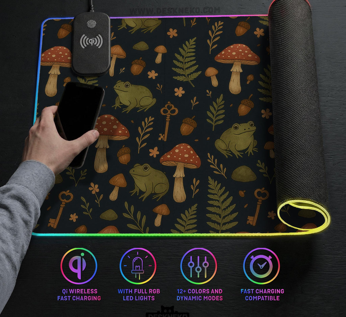 Dark forest-themed desk mat with an all-over pattern of frogs, mushrooms, fern leaves, acorns, tiny flowers, and antique keys.