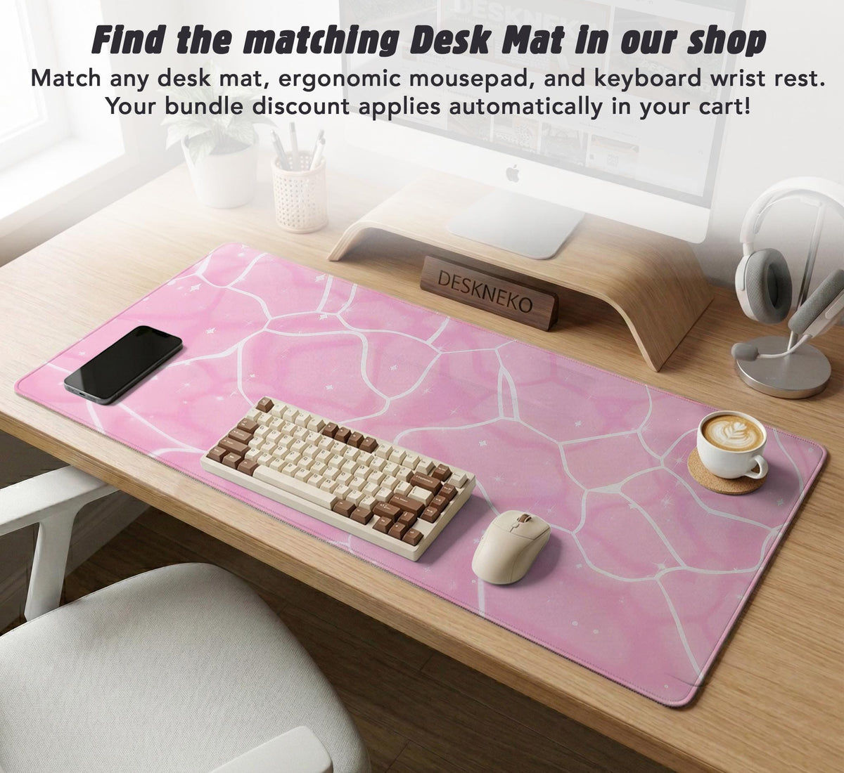 Soft pink mouse pad and wrist rest with a cloud-marble pattern, pale linework, and small star details.
