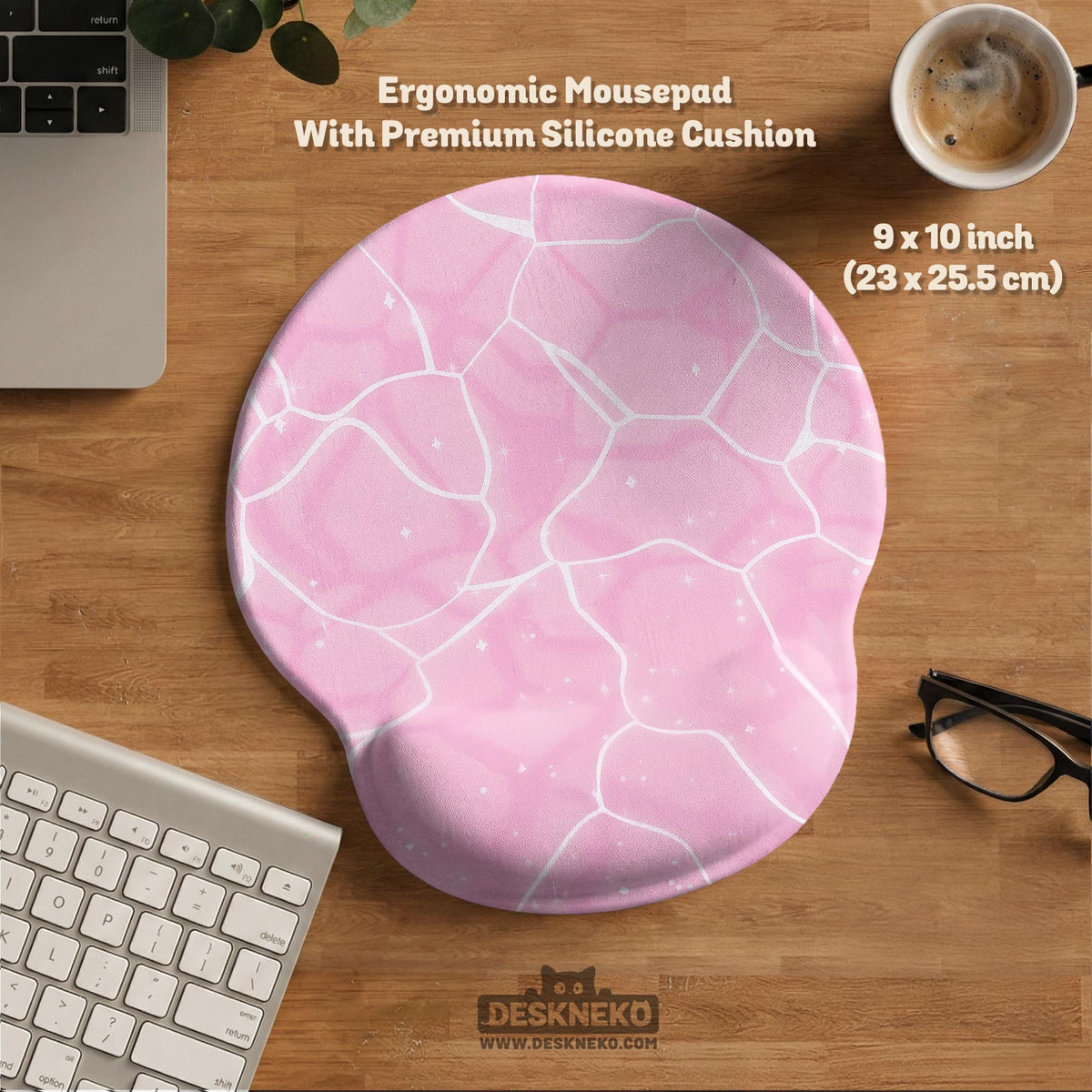 Soft pink mouse pad and wrist rest with a cloud-marble pattern, pale linework, and small star details.