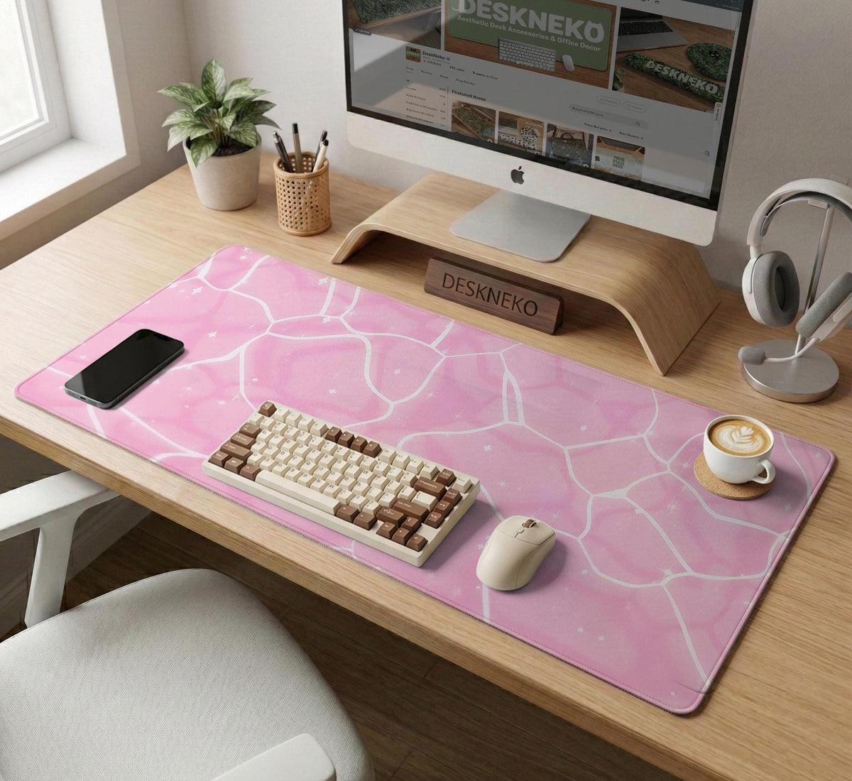 Soft pink desk mat with a kawaii cloud-marble pattern, white crackle lines, and small star accents.