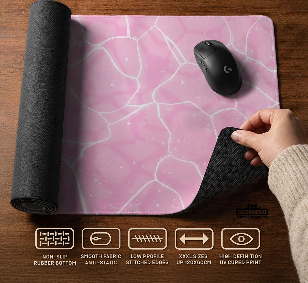 Pastel pink desk mat with a marble-style design, white flowing lines, and small sparkle accents.