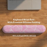 Soft pink desk mat with a kawaii cloud-marble pattern, white crackle lines, and small star accents.