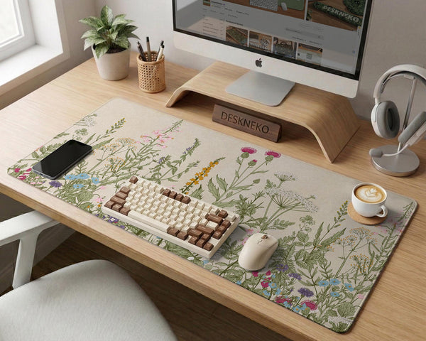 A desk mat with a botanical meadow design featuring wildflowers, leafy stems, and soft neutral colors.