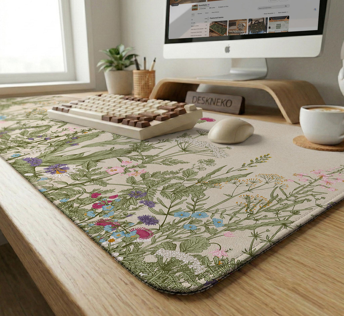 A desk mat with a botanical meadow design featuring wildflowers, leafy stems, and soft neutral colors.