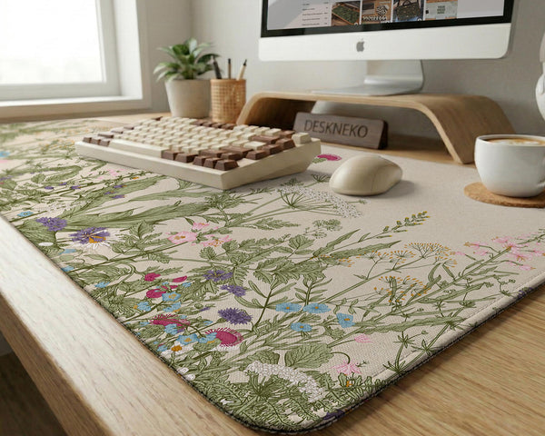 A desk mat with a botanical meadow design featuring wildflowers, leafy stems, and soft neutral colors.