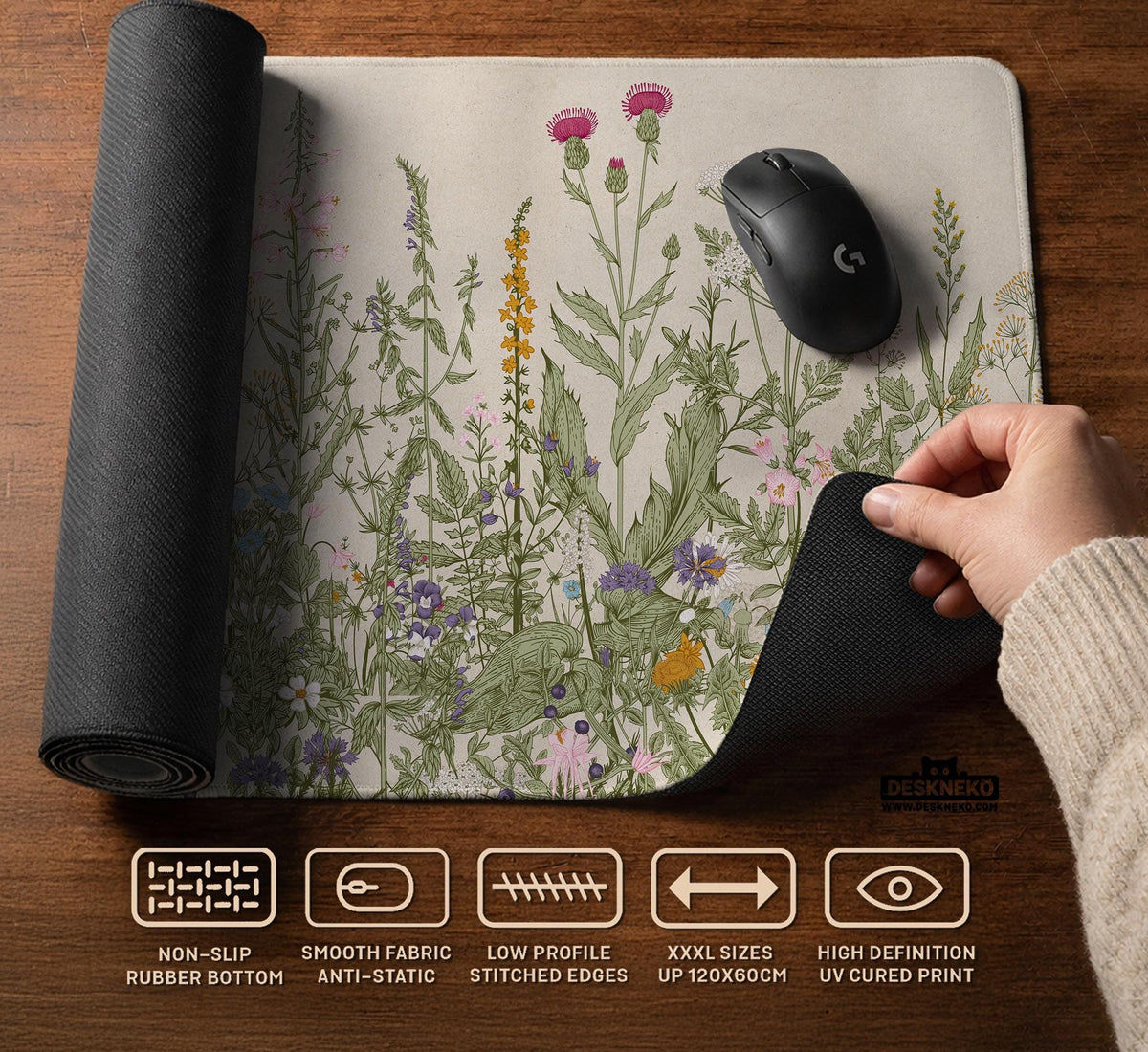 A desk mat with a botanical meadow design featuring wildflowers, leafy stems, and soft neutral colors.