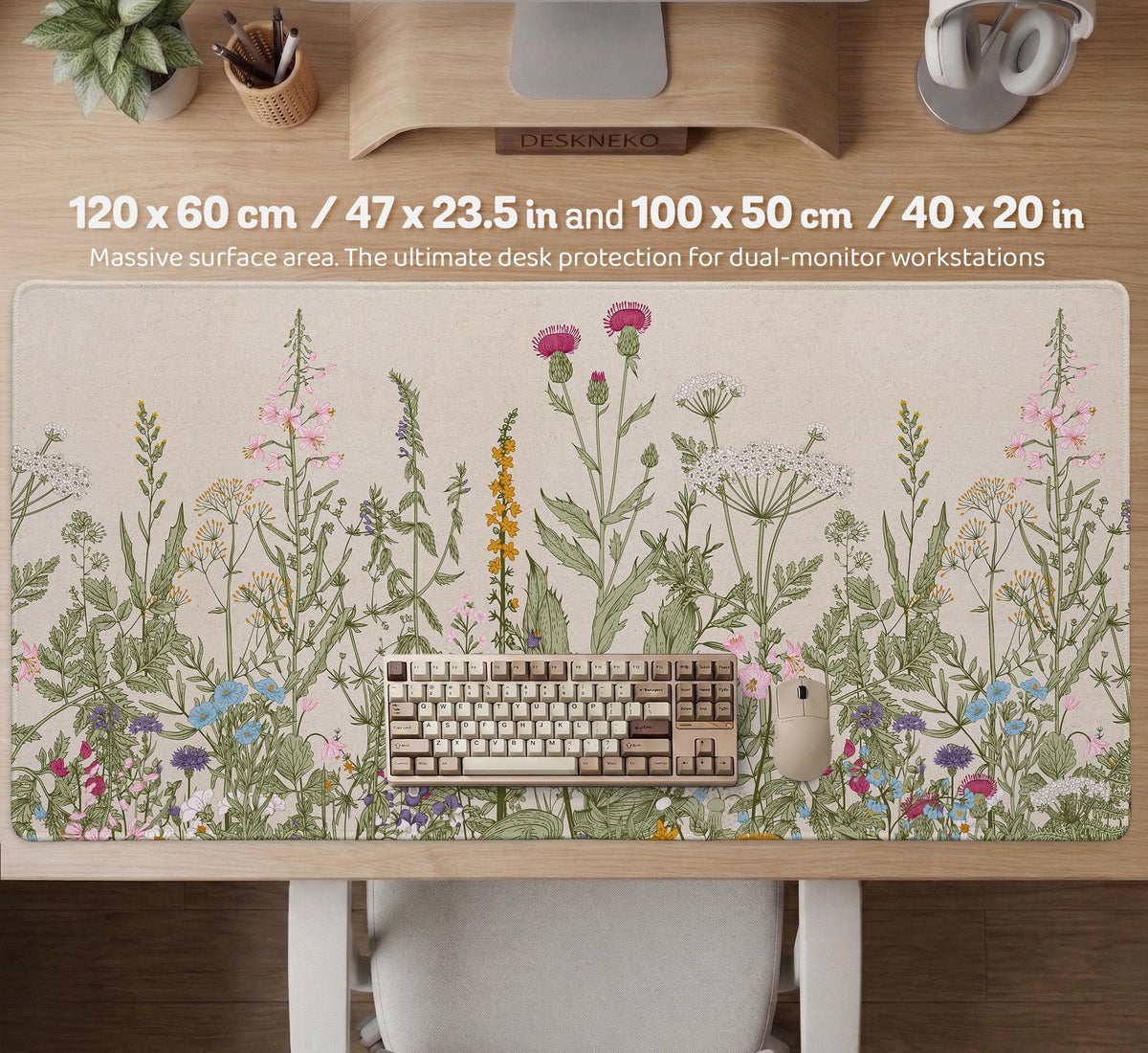 A desk mat with a botanical meadow design featuring wildflowers, leafy stems, and soft neutral colors.