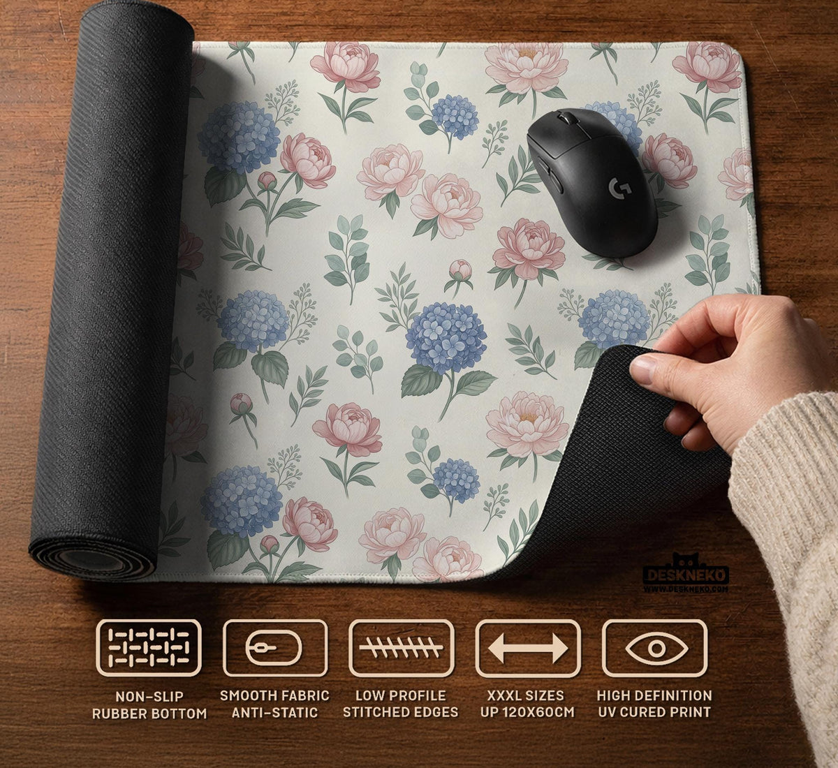 Floral desk mat with sage greenery, pink peonies, blue flowers, and a warm cream background.