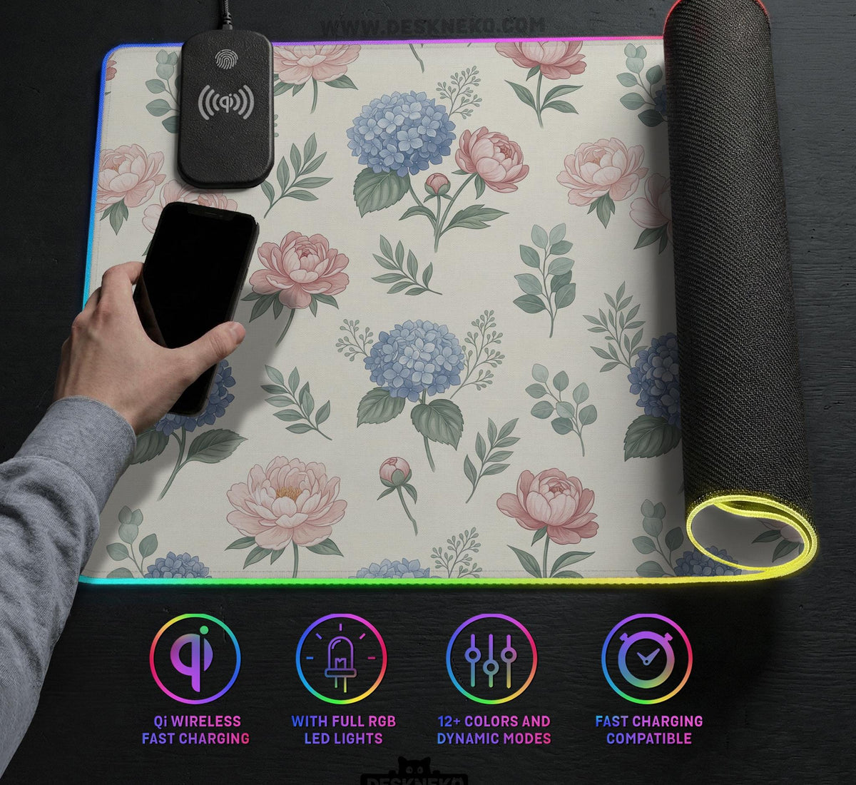 Floral desk mat with sage greenery, pink peonies, blue flowers, and a warm cream background.