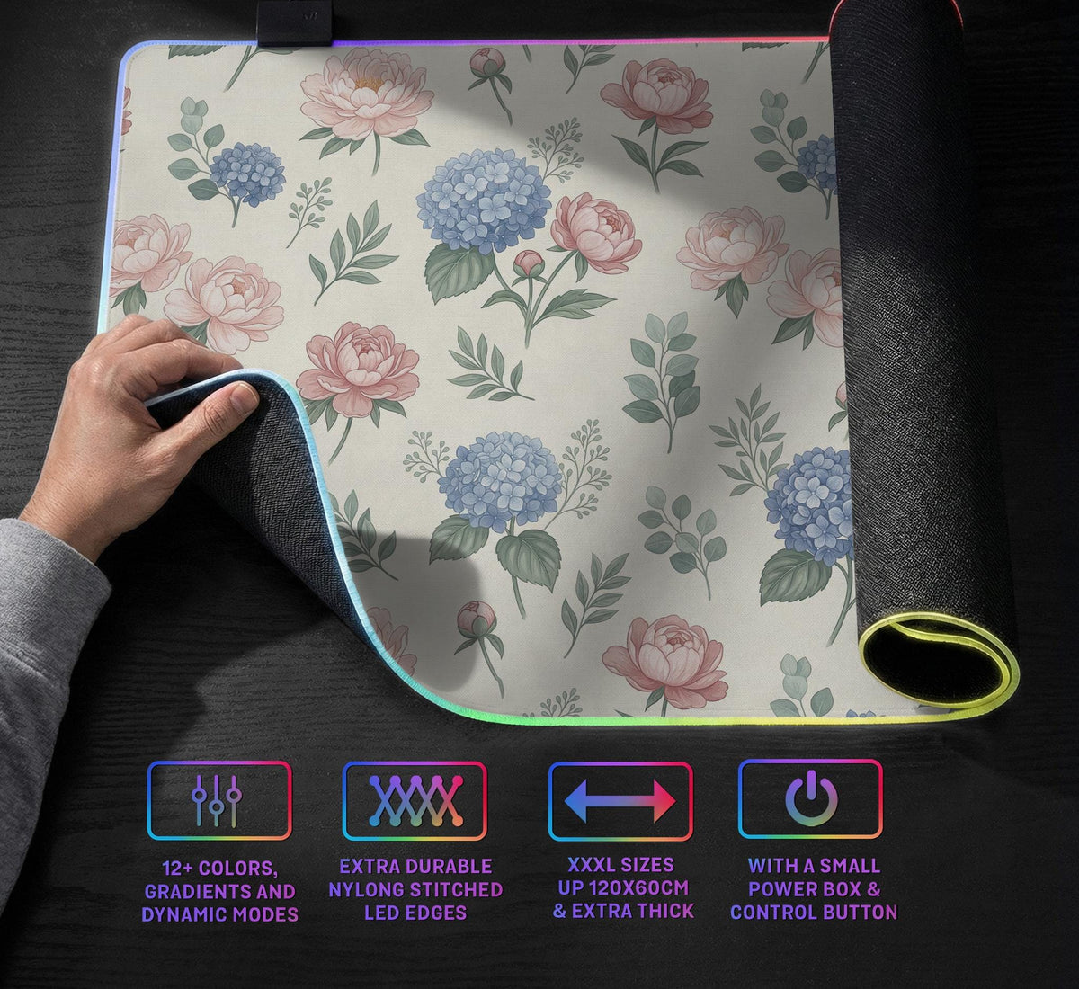 Floral desk mat with sage greenery, pink peonies, blue flowers, and a warm cream background.