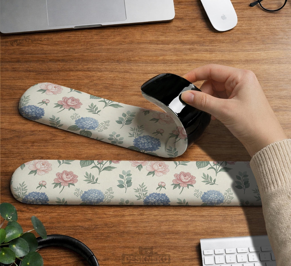Mousepad and keyboard wrist rest with a floral print of blue hydrangeas, pink peonies, sage leaves, and a cream background.