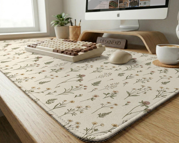 Desk mat with a sage green background, tiny wildflowers, and a vintage botanical floral pattern.
