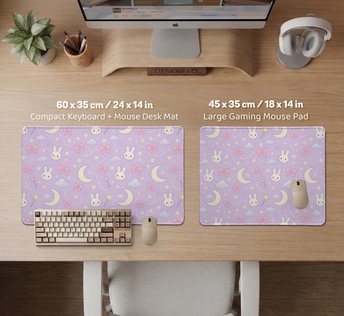 Pastel lavender desk mat with an all-over pattern of bunnies, crescent moons, clouds, bows, stars, and small flowers.