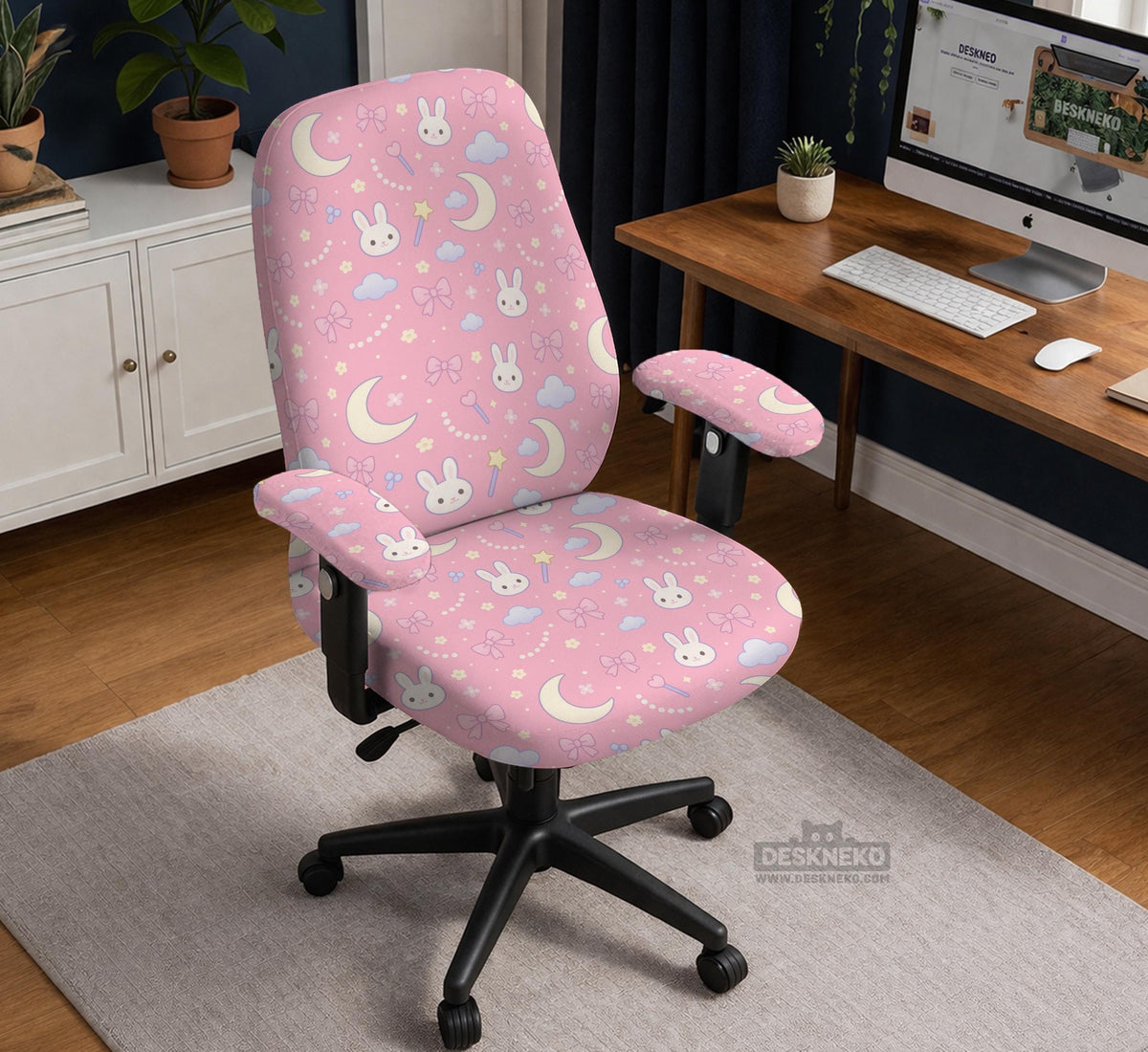 Pastel desk chair covers with a bunny print, clouds, moons, bows, stars, and small kawaii character details shown in multiple fit options.