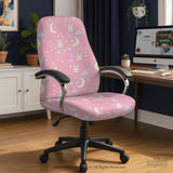 Pastel desk chair covers with a bunny print, clouds, moons, bows, stars, and small kawaii character details shown in multiple fit options.