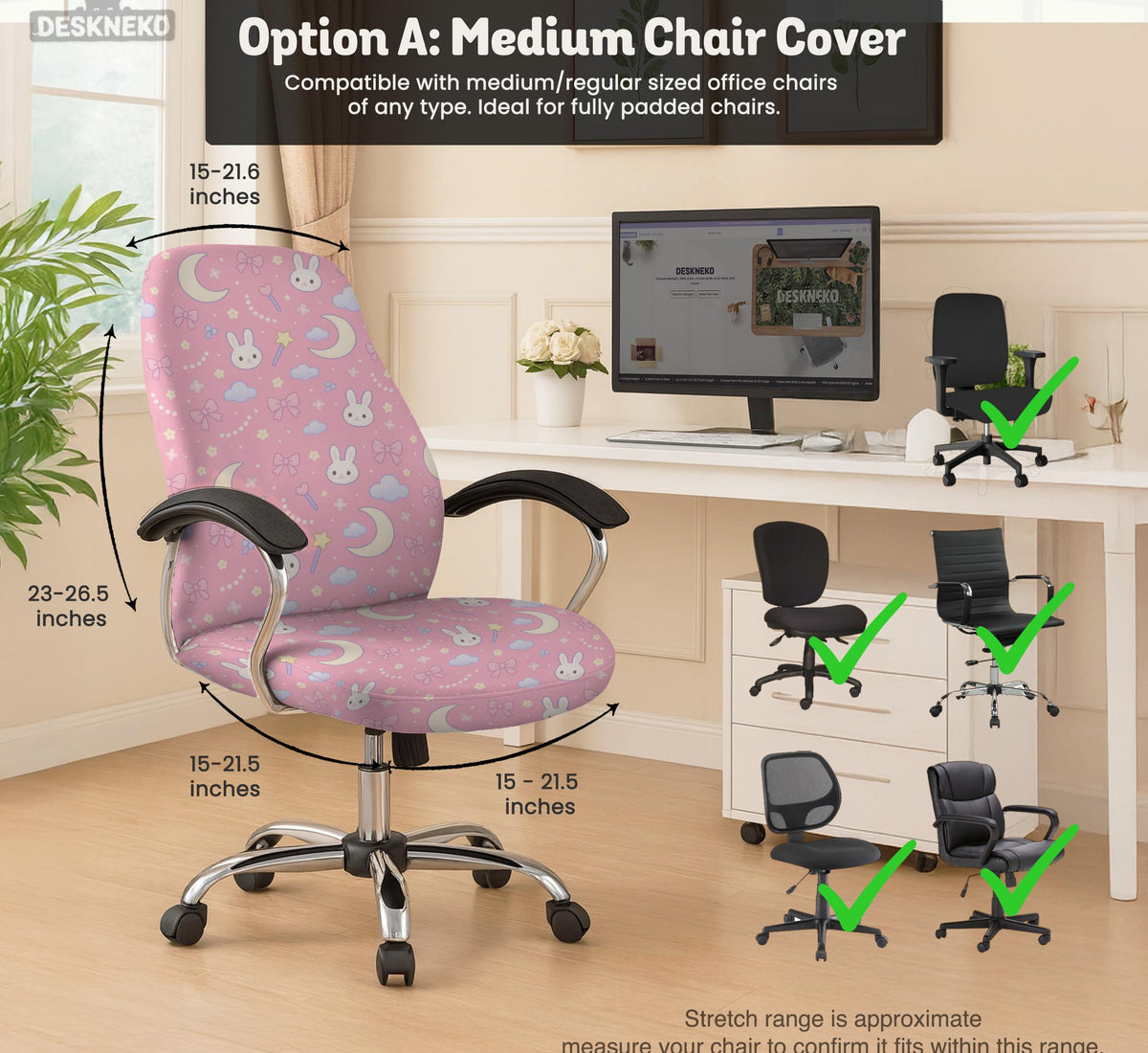 Pastel desk chair covers with a bunny print, clouds, moons, bows, stars, and small kawaii character details shown in multiple fit options.