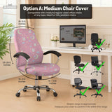 Pastel desk chair covers with a bunny print, clouds, moons, bows, stars, and small kawaii character details shown in multiple fit options.