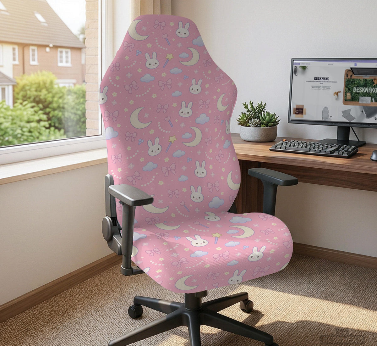 Pink chair cover with bunny faces, crescent moons, clouds, and bows on a white chair.
