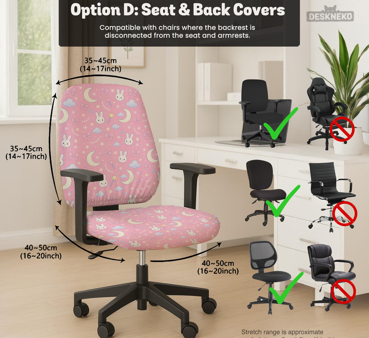 Pastel desk chair covers with a bunny print, clouds, moons, bows, stars, and small kawaii character details shown in multiple fit options.