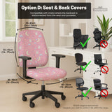 Pastel desk chair covers with a bunny print, clouds, moons, bows, stars, and small kawaii character details shown in multiple fit options.
