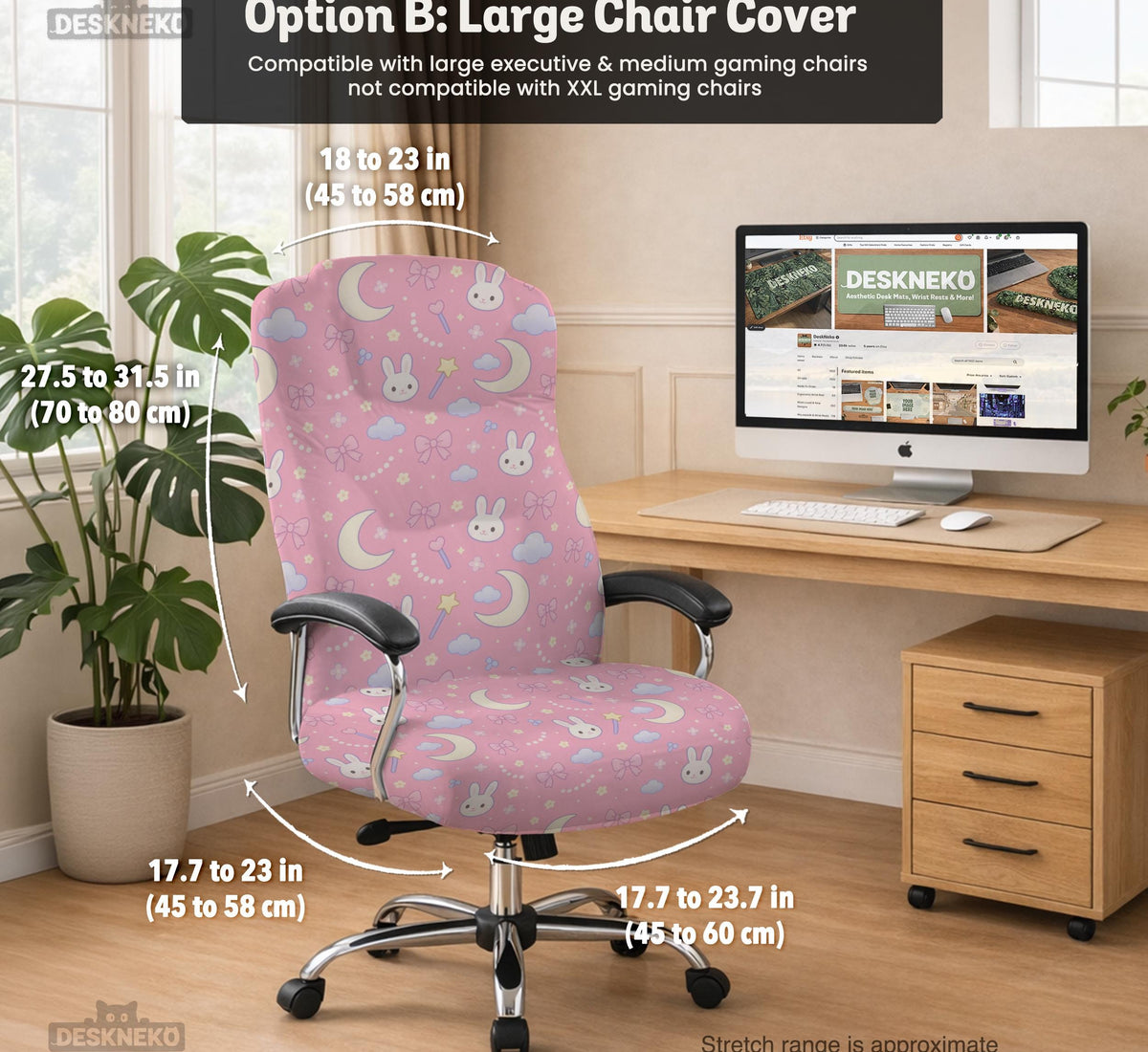 Pastel desk chair covers with a bunny print, clouds, moons, bows, stars, and small kawaii character details shown in multiple fit options.
