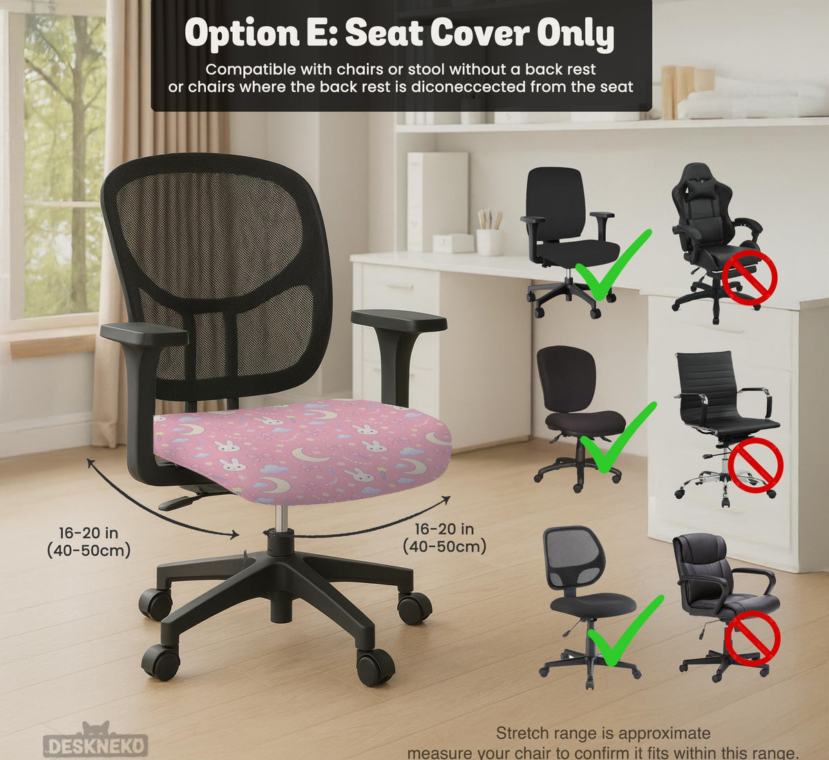 Pastel desk chair covers with a bunny print, clouds, moons, bows, stars, and small kawaii character details shown in multiple fit options.