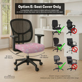 Pastel desk chair covers with a bunny print, clouds, moons, bows, stars, and small kawaii character details shown in multiple fit options.