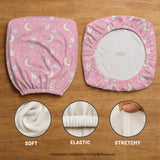 Pastel desk chair covers with a bunny print, clouds, moons, bows, stars, and small kawaii character details shown in multiple fit options.