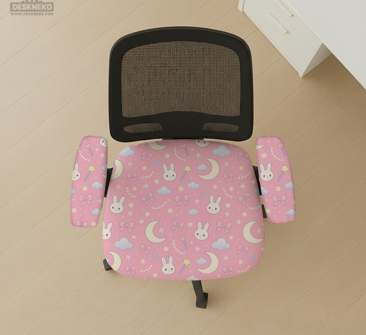 Pastel desk chair covers with a bunny print, clouds, moons, bows, stars, and small kawaii character details shown in multiple fit options.