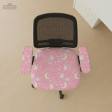 Pastel desk chair covers with a bunny print, clouds, moons, bows, stars, and small kawaii character details shown in multiple fit options.