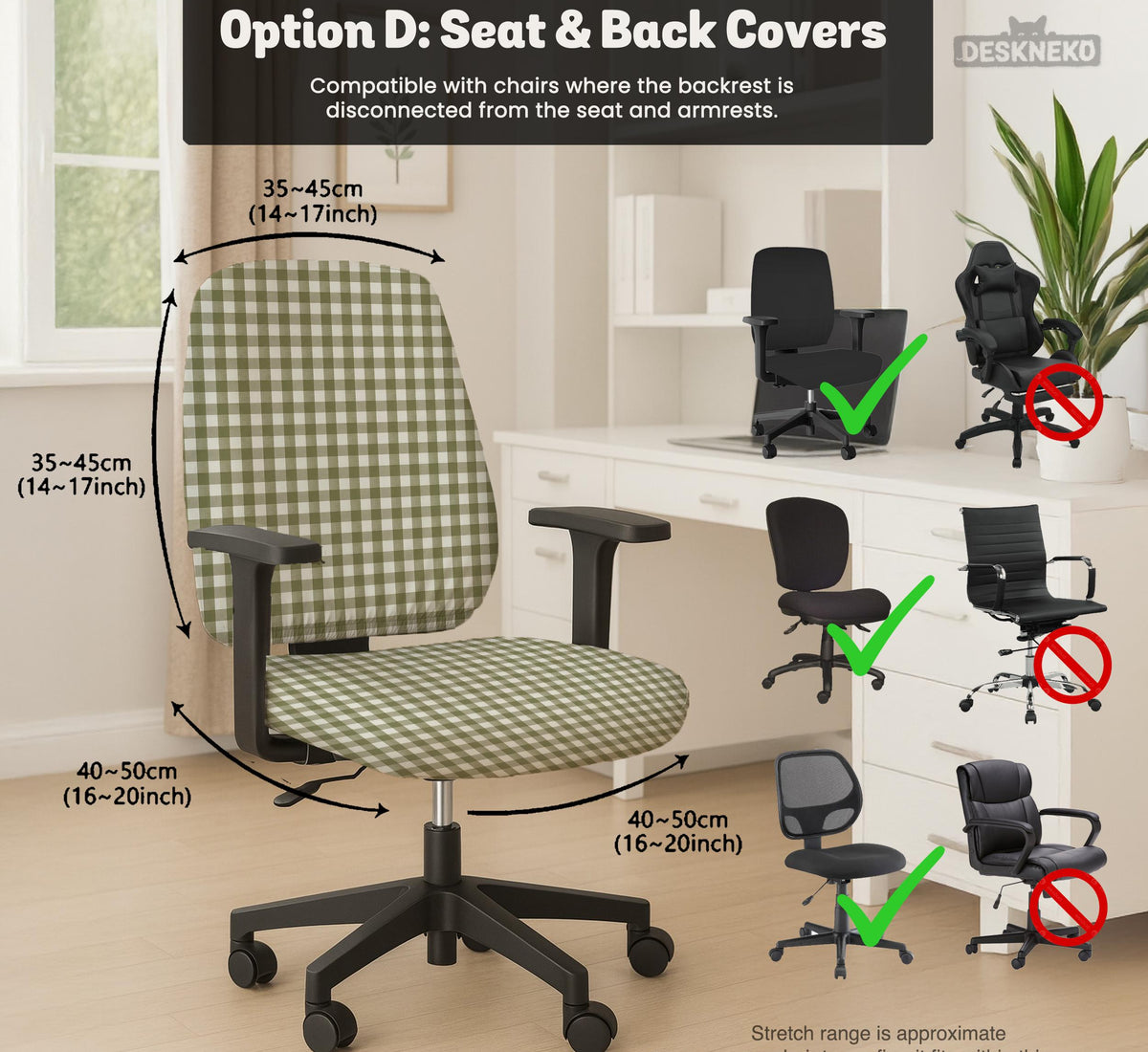 Olive green and white check desk chair cover shown on a chair, with stretch fabric, armrest cover options, and multiple fit choices listed.