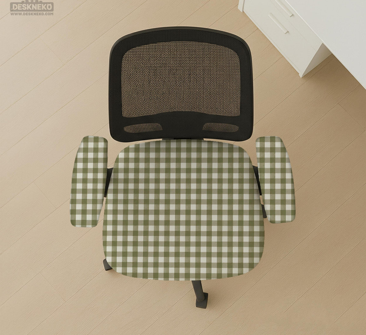 Olive green and white check desk chair cover shown on a chair, with stretch fabric, armrest cover options, and multiple fit choices listed.