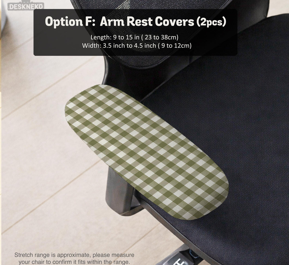 Olive green and white check desk chair cover shown on a chair, with stretch fabric, armrest cover options, and multiple fit choices listed.