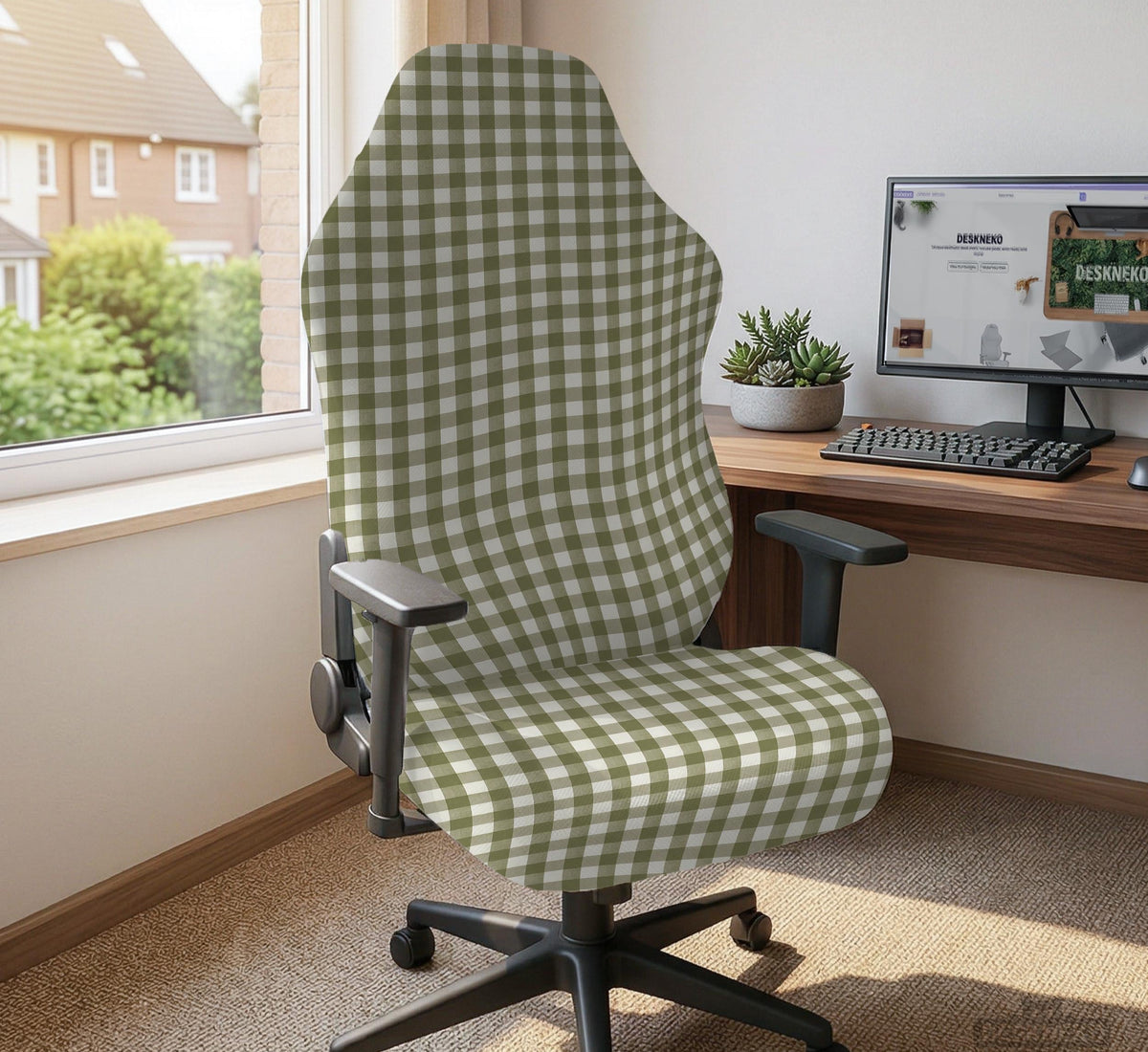 Olive green and white check desk chair cover shown on a chair, with stretch fabric, armrest cover options, and multiple fit choices listed.