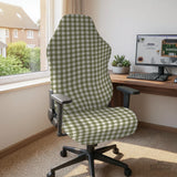 Olive green and white check desk chair cover shown on a chair, with stretch fabric, armrest cover options, and multiple fit choices listed.
