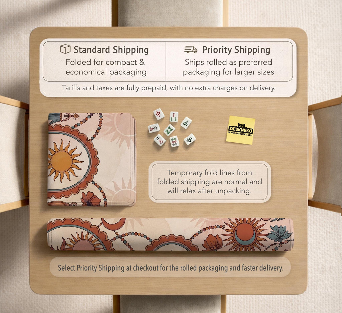 A square mahjong mat with a scalloped edge, sun and moon artwork, terracotta flowers, a soft cream background, and a decorative border around the play area.