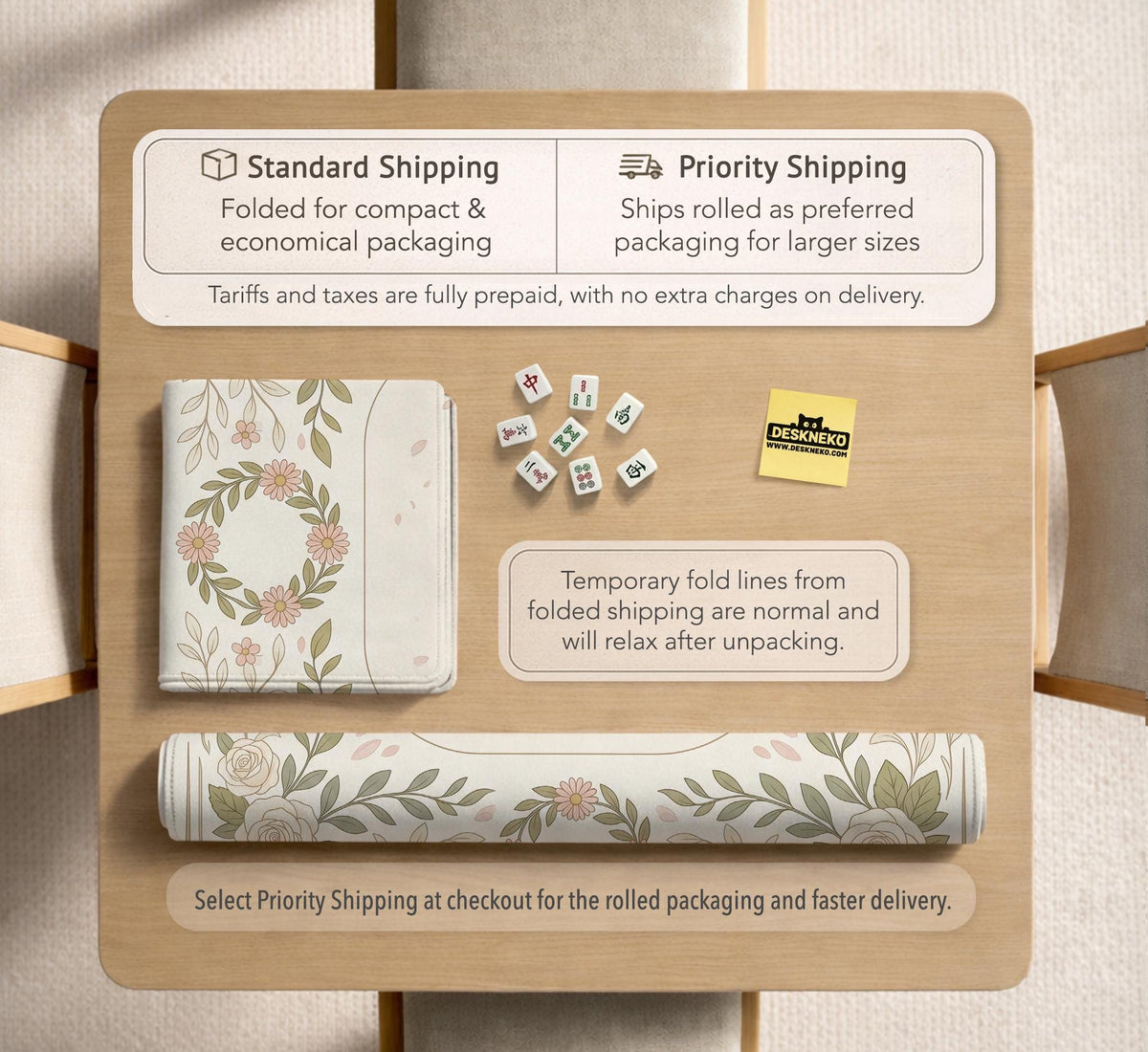 Square mahjong mat with a light floral border in sage green, cream, and blush around a plain center play area.