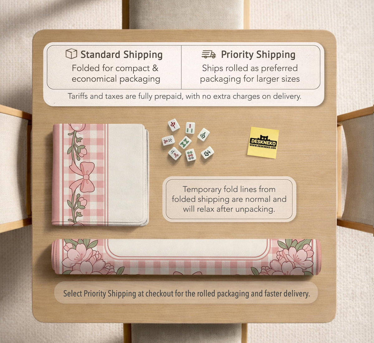 Square pink mahjong mat with a gingham border, floral corner details, and ribbon accents on a light background.