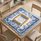 Navy blue square mahjong table mat with lotus flowers and koi fish in a porcelain-style border and a plain center.