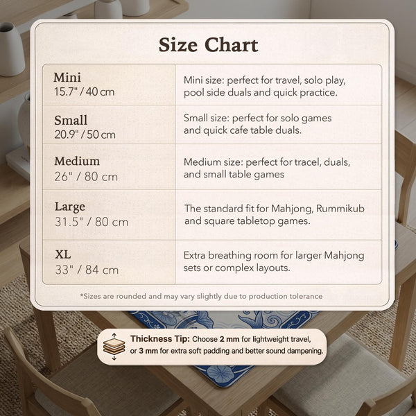 Navy blue square mahjong table mat with lotus flowers and koi fish in a porcelain-style border and a plain center.