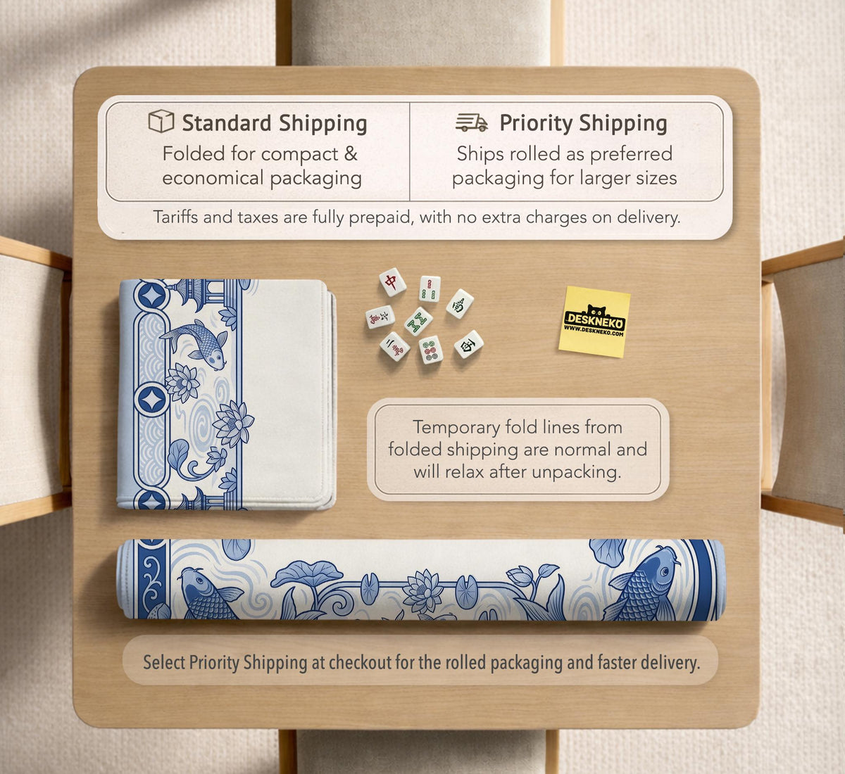 Navy blue square mahjong table mat with lotus flowers and koi fish in a porcelain-style border and a plain center.