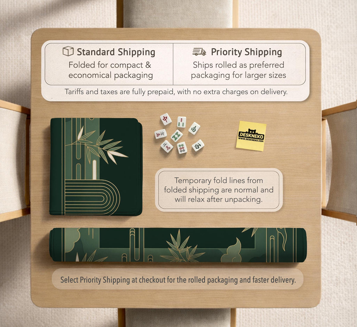 Square emerald green mahjong mat with bamboo line art, gold geometric cloud shapes, and a plain center playing area.