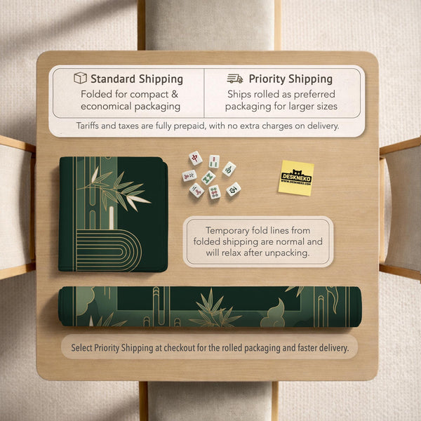 Square emerald green mahjong mat with bamboo line art, gold geometric cloud shapes, and a plain center playing area.