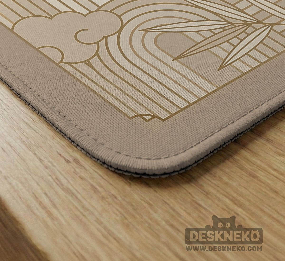 Beige and gold square mahjong mat with a bamboo pattern and geometric border.