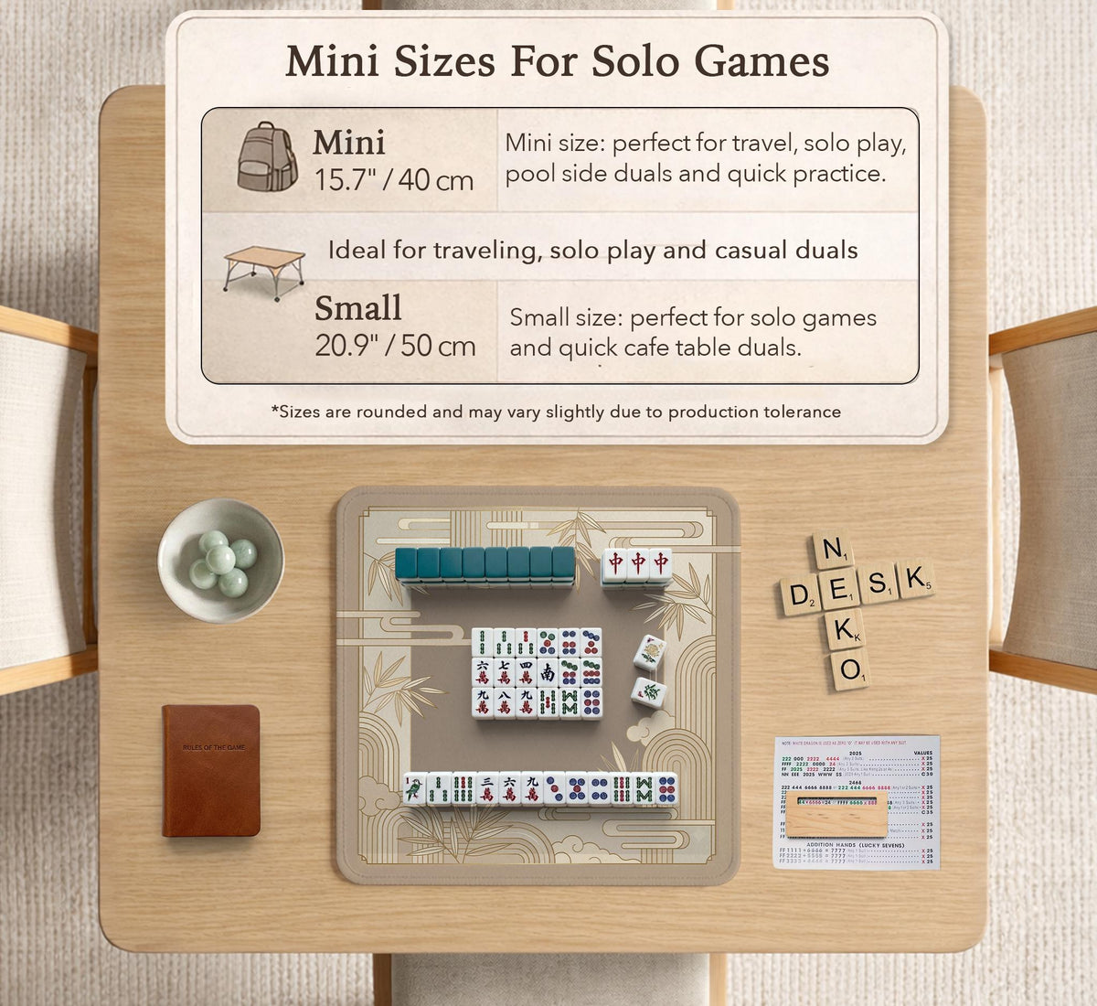 Beige and gold square mahjong mat with a bamboo pattern and geometric border.