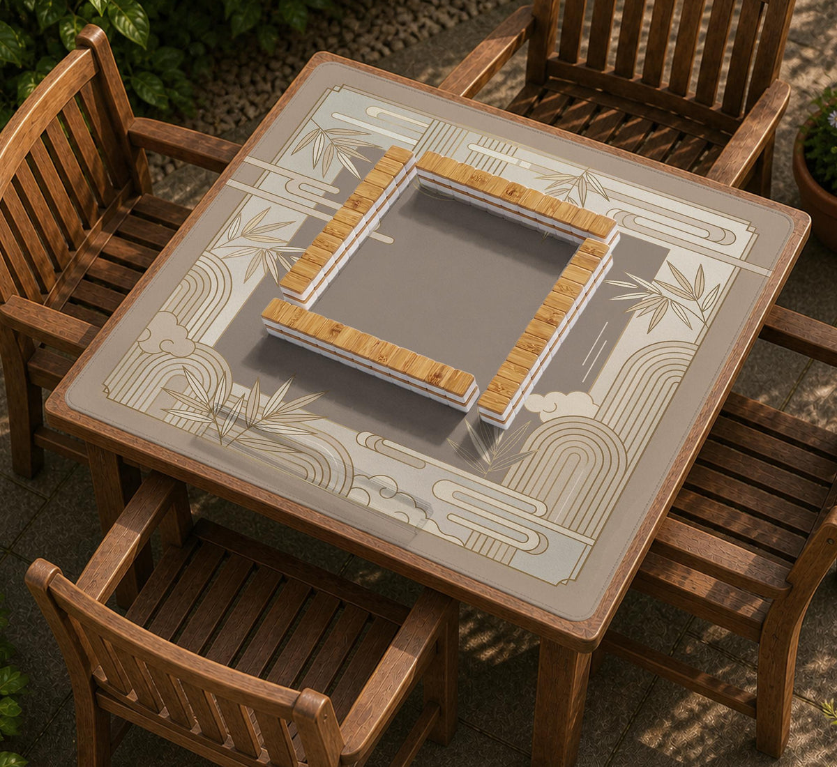 Beige and gold square mahjong mat with a bamboo pattern and geometric border.