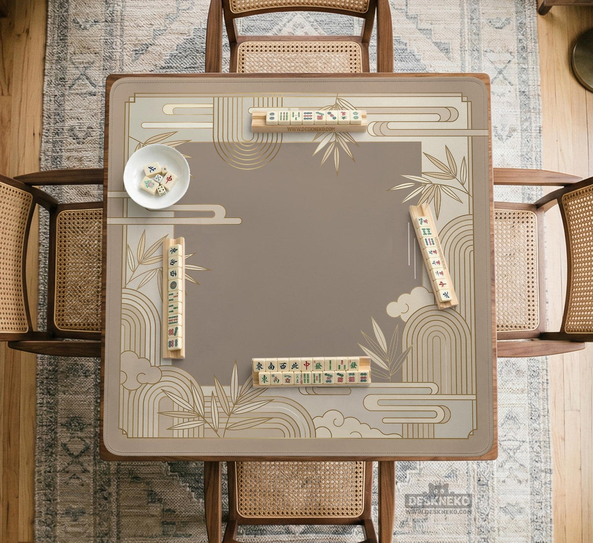 Beige and gold square mahjong mat with a bamboo pattern and geometric border.